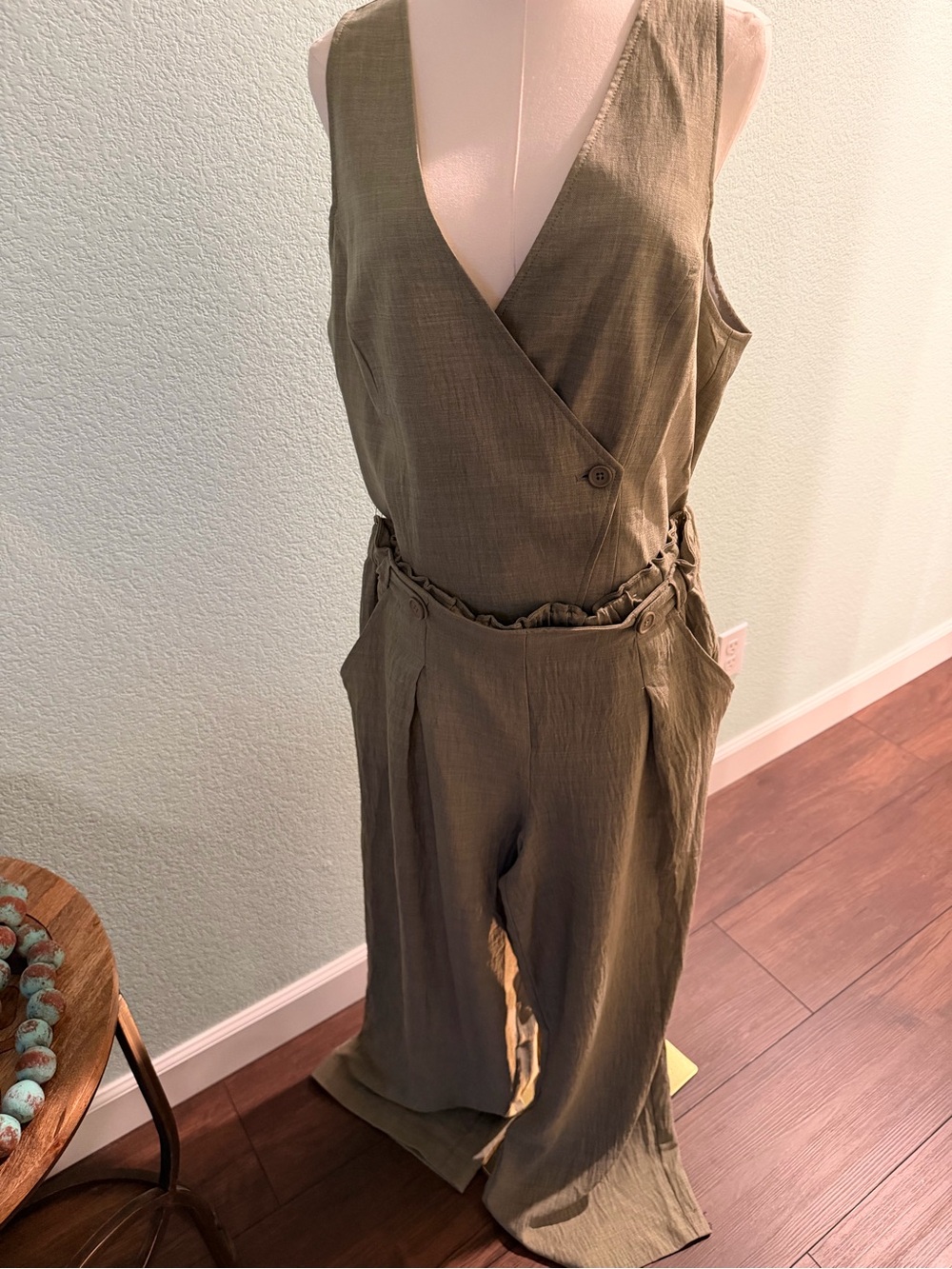 Max Studio London Olive Linen Blend Vest & Wide Leg Pant Set Top XL,Pants Large - Picture 4 of 13